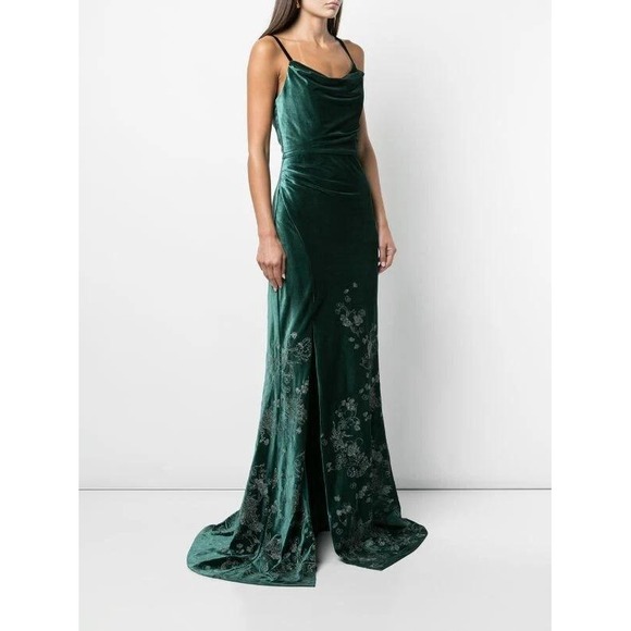 Marchesa Notte Cowl-Neck Embroidered Velvet Gown in Sage Green Size 4 - Picture 2 of 11